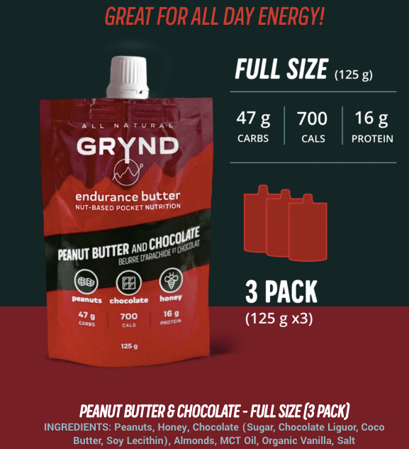 GRYND - All Natural Endurance Butter Peanut Butter+Chocolate  (125g Packs x 3) $20.25