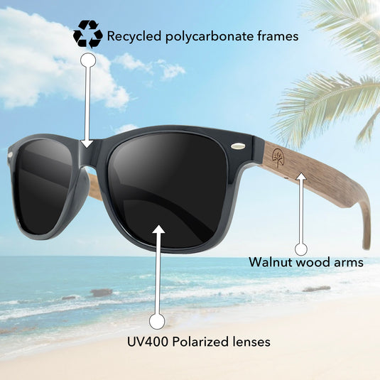 Wildwood Unisex Wooden Sunglasses with Recycled Plastic Frames Black / Medium Large